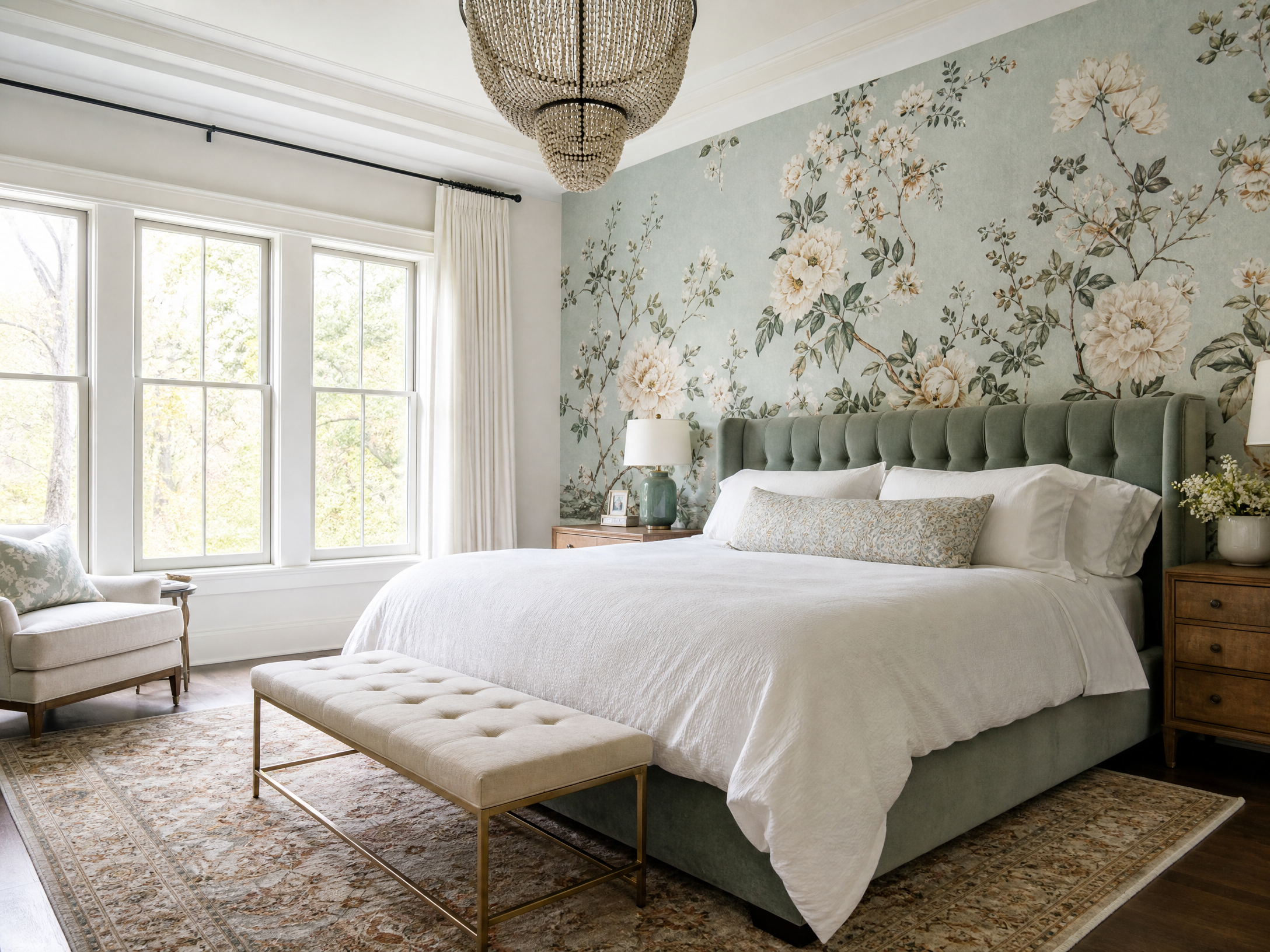Elegant master bedroom with floral mural wallpaper
