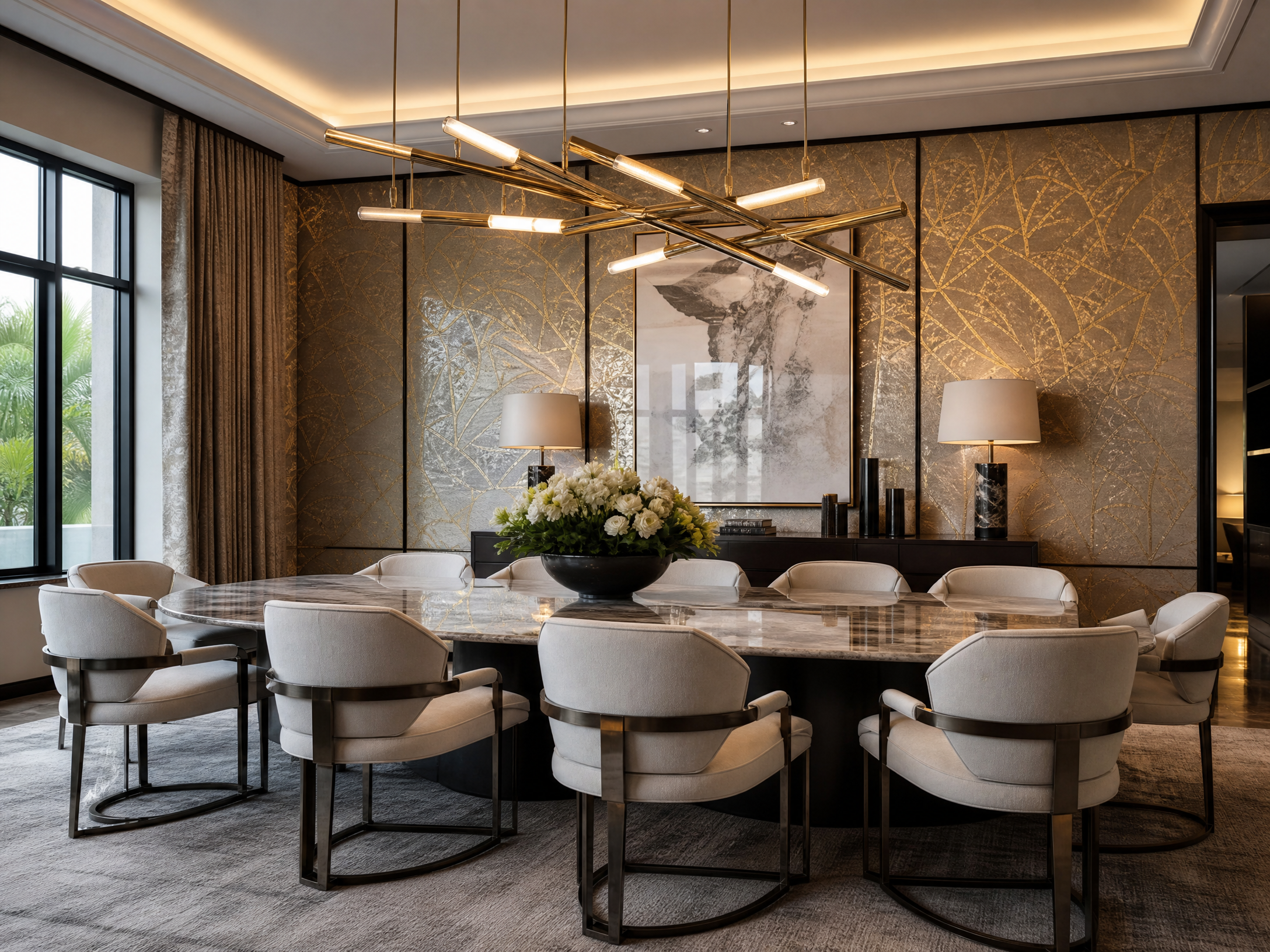 Upscale dining room with metallic patterned wallpaper