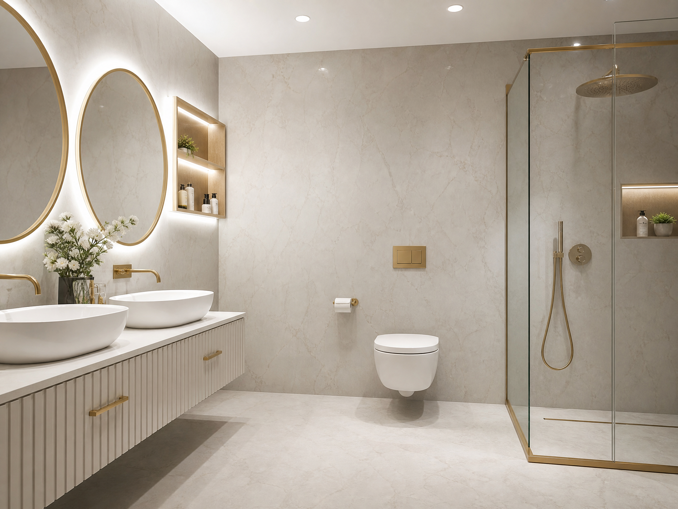Luxury bathroom with marble effect wallpaper