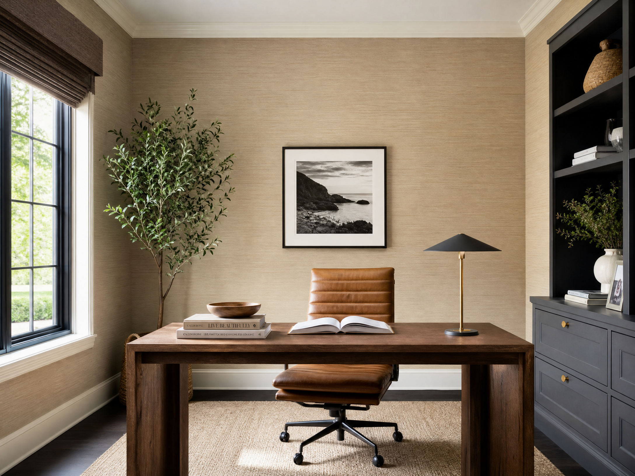 Modern home office with grasscloth wallpaper